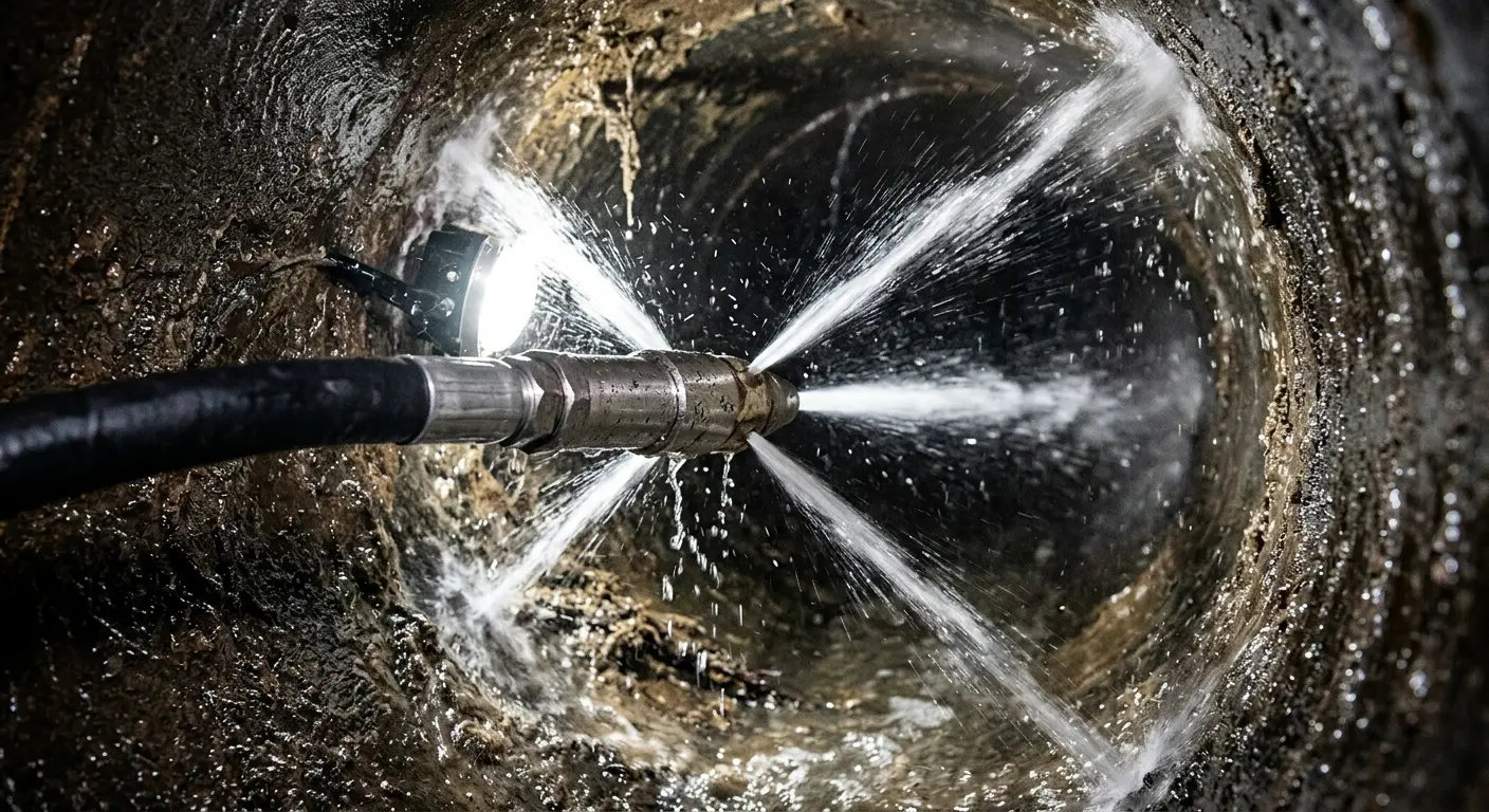 High-pressure hydro jetting nozzle cleaning sewer pipe for Emergency Drain Service in Lakeport