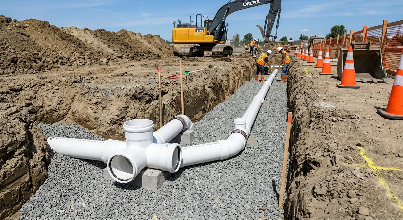 New PVC sewer pipe installation in open trench for Sewer Camera Inspection in Lakeport